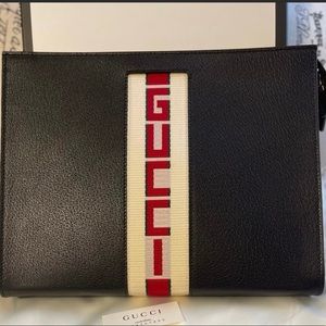 💯 Authentic Gucci Black Stripe Logo Leather Pouch